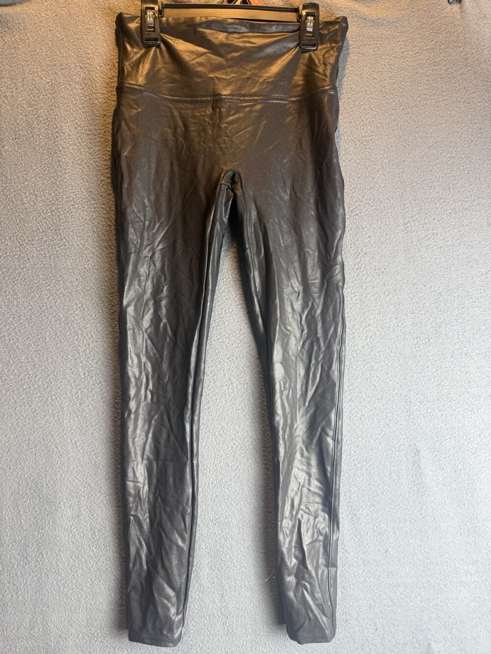 Spanx Leggings Womens Size M Black Faux Leather High Rise Shine